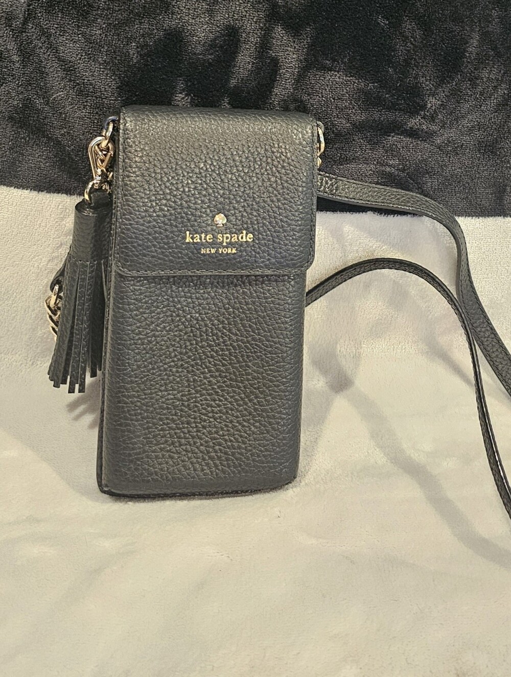 Kate Spade Black Pebbled Leather Tassel Crossbody Phone Bag